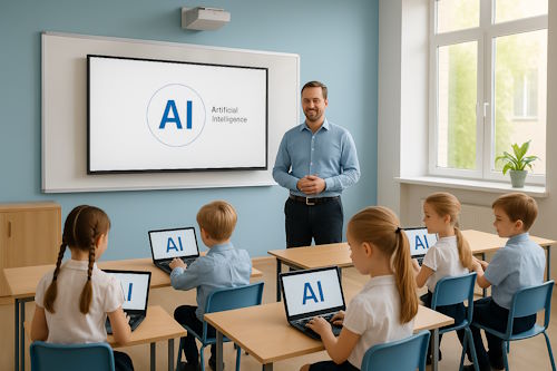 Teacher and students using AI in a classroom